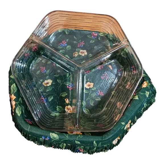 Longaberger Basket 1999 Hexagon 10" x 6"H Green Patterned Fabric Liner & Pl * - Picture 3 of 6